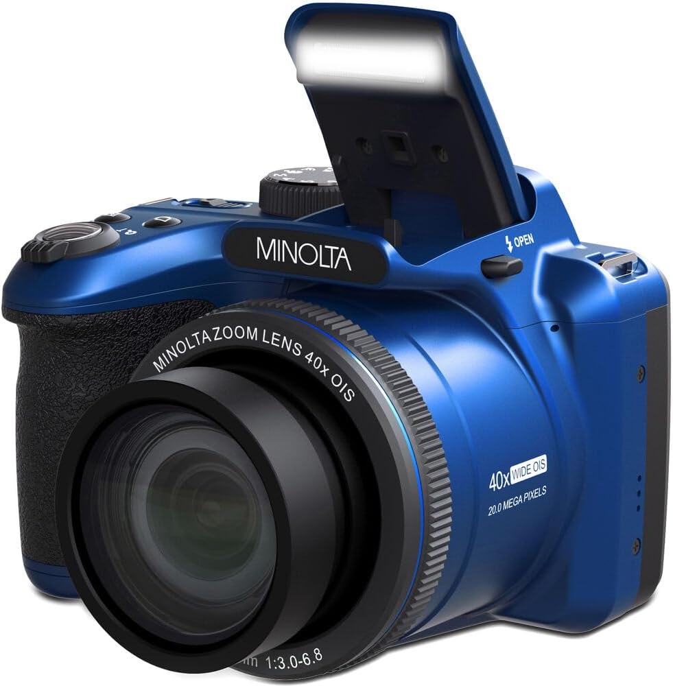 Appareil photo numérique MINOLTA MN40Z 20 mégapixels, zoom optique 40x, vidéo Full HD 1080p, bleu. Pack comprenant : carte mémoire 64 Go, trépied pour vlogging, 4 piles AA doté de chargeur et accessoires.