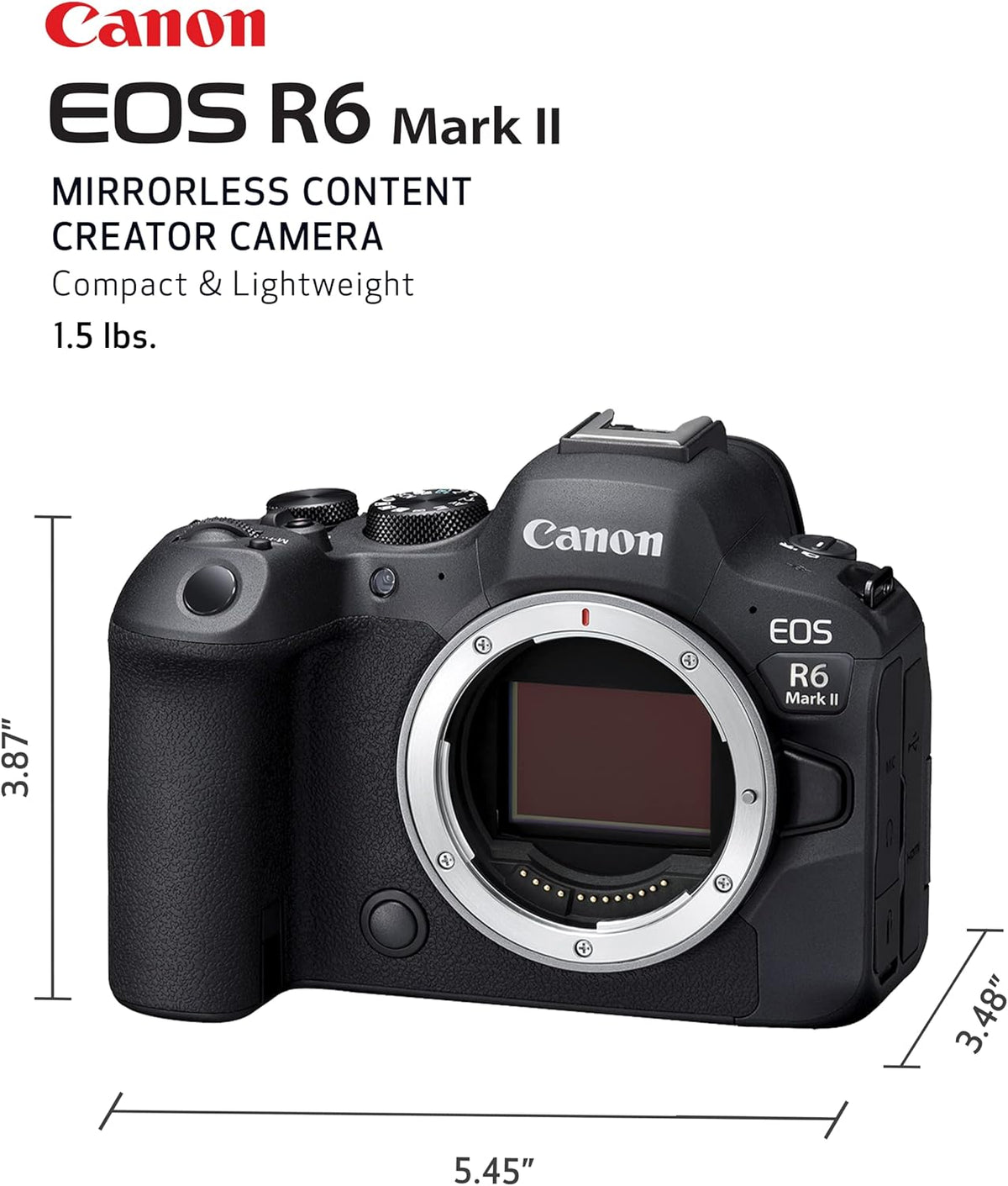Appareil photo hybride Canon EOS R6 Mark II (boîtier nu) plein format, capteur CMOS 24,2 mégapixels, fonctionnalités photo et vidéo, - Noir