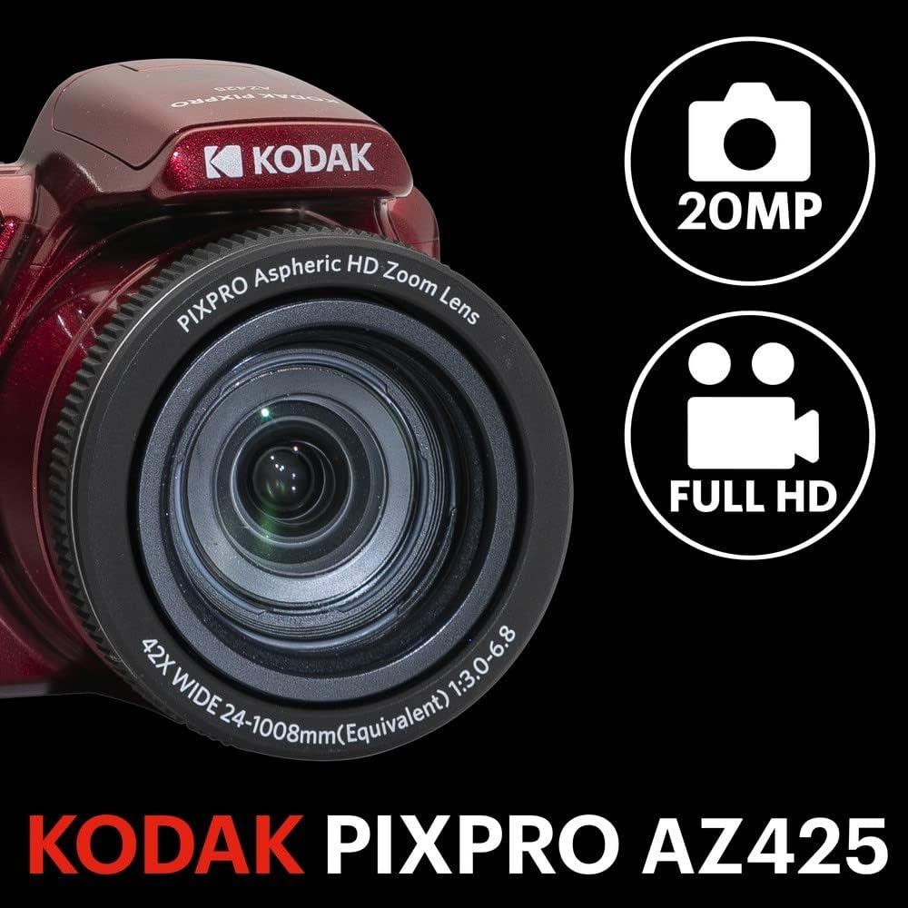 KODAK PIXPRO AZ425-RD Appareil photo numérique 20 MP, zoom optique 42x, grand angle 24 mm, vidéo Full HD 1080p, stabilisation d'image optique, batterie Li-ion, écran LCD 3 pouces, caméra de vlogging (rouge) – Présentation