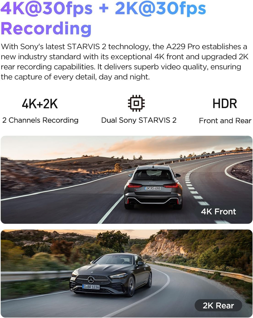 Caméra embarquée VIOFO A229 Pro 4K HDR, double capteur STARVIS 2 IMX678/IMX675, caméra avant et arrière 4K+2K, 2 canaux, HDR, commande vocale, Wi-Fi 5 GHz, GPS, vision nocturne 2.0, mode parking 24h – Présentation