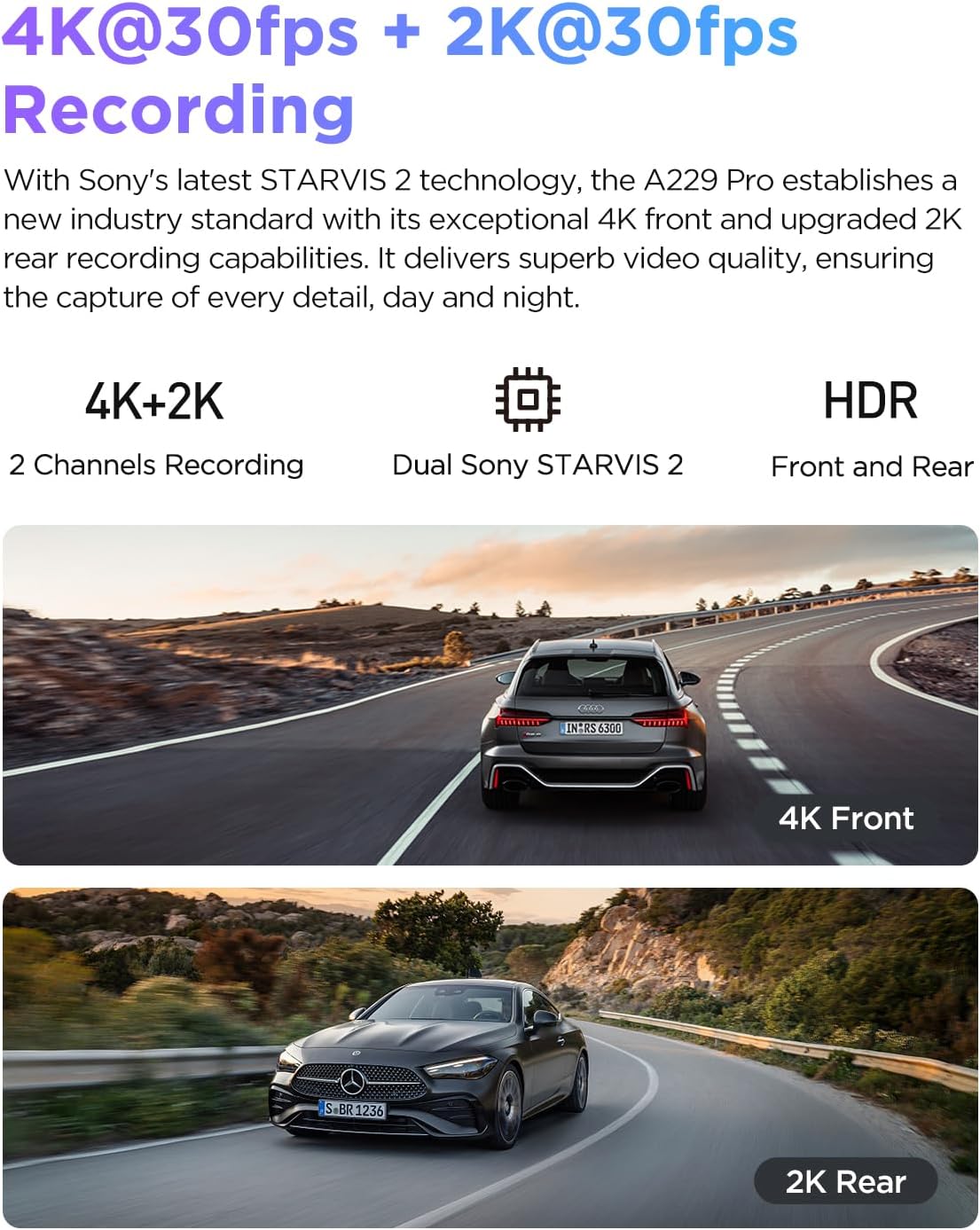 Caméra embarquée VIOFO A229 Pro 4K HDR, double capteur STARVIS 2 IMX678/IMX675, caméra avant et arrière 4K+2K, 2 canaux, HDR, commande vocale, Wi-Fi 5 GHz, GPS, vision nocturne 2.0, mode parking 24h – Présentation