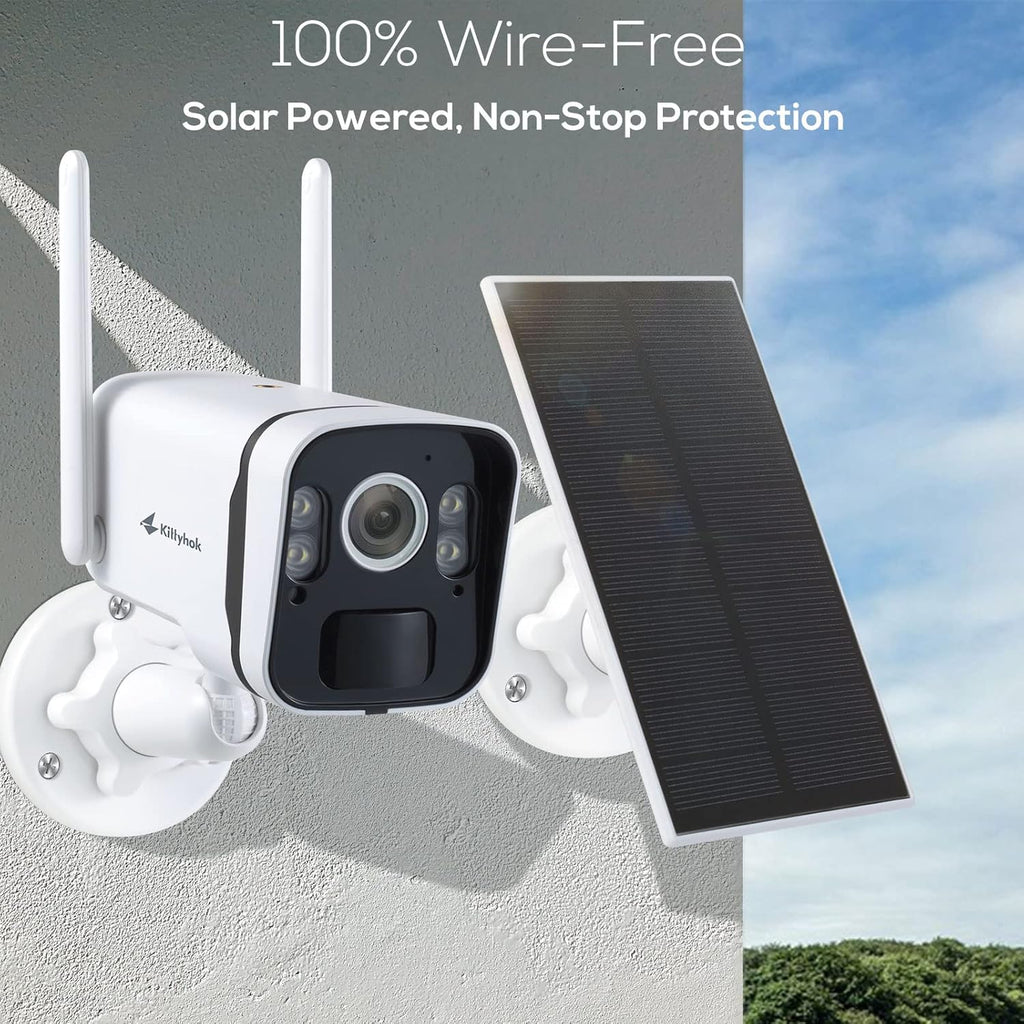 Système de caméras de sécurité solaires Kittyhok pour la maison : 4 caméras de sécurité solaires 2K Ultra, sans fil, extérieures, doté de projecteur et détection humaine intelligente, alimentation illimitée, NVR 10 canaux