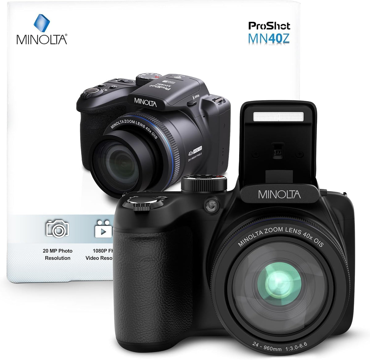 Appareil photo numérique Minolta MN40Z 20 MP – Zoom optique 40x, vidéo Full HD 1080p, écran LCD 3 pouces, Wi-Fi, détection des visages, des sourires et des clignements d'yeux - Noir