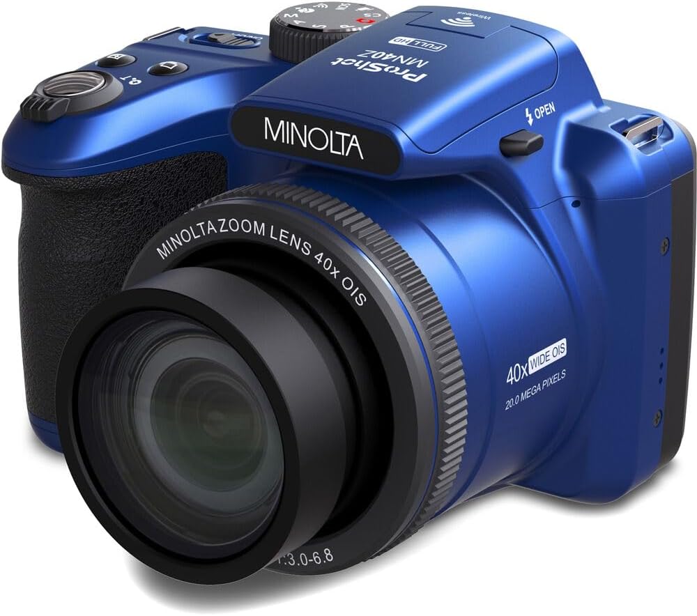 Appareil photo numérique MINOLTA MN40Z 20 mégapixels, zoom optique 40x, vidéo Full HD 1080p, bleu. Pack comprenant : carte mémoire 64 Go, trépied pour vlogging, 4 piles AA doté de chargeur et accessoires.