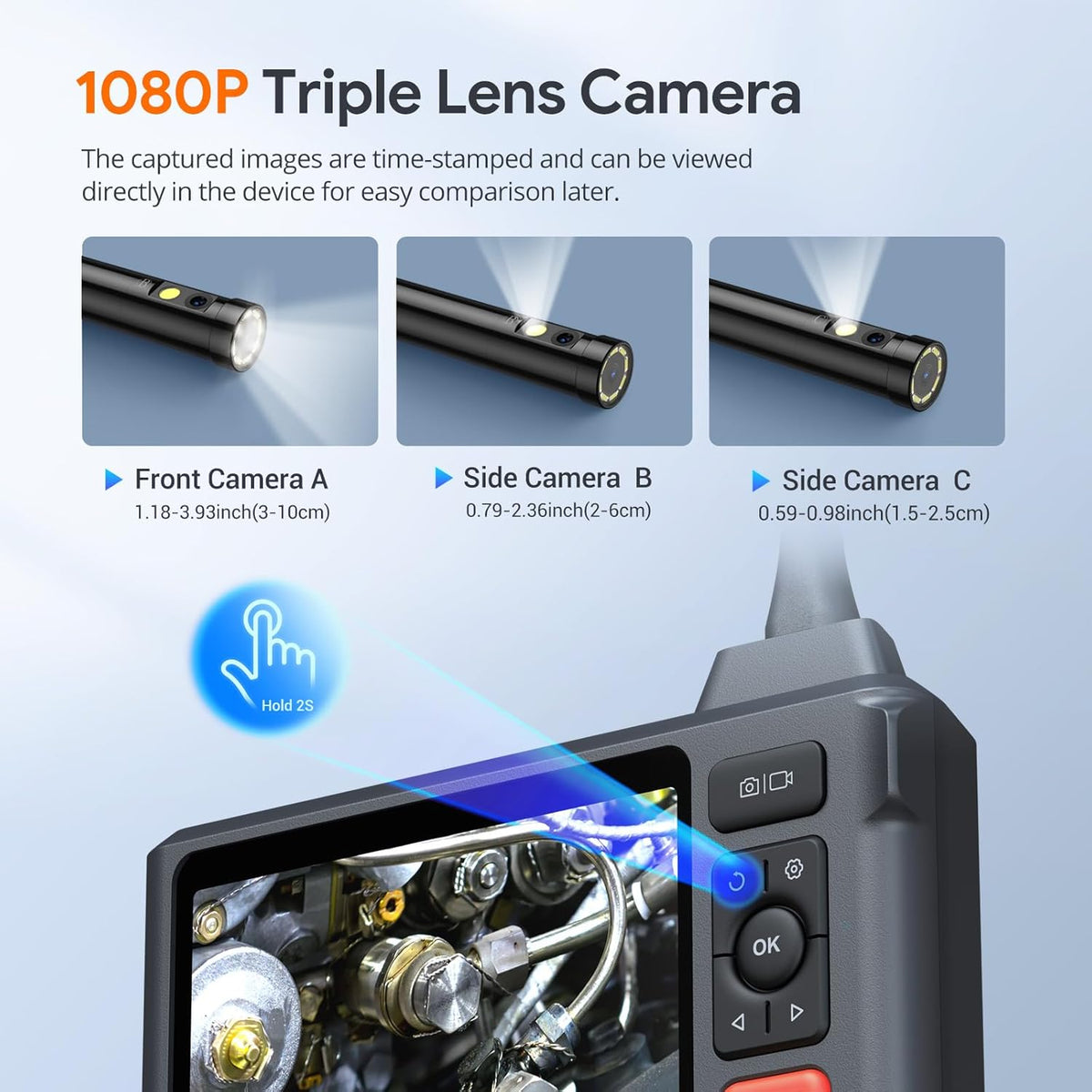 Caméra endoscopique à triple objectif avec éclairage et câble semi-rigide de 15 m, DEPSTECH, caméra d'inspection des canalisations avec écran IPS de 5 pouces, endoscope industriel 1080p, écran partagé, outil résistant à l’eau pour canalisations