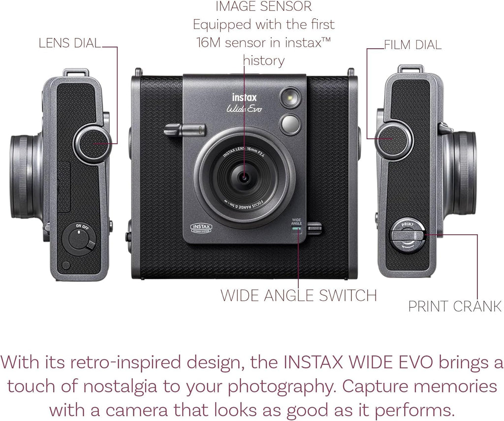 Appareil photo instantané hybride Fujifilm Instax Wide Evo doté de étui de transport compatible, carte mémoire 32 Go, chiffon de nettoyage et accessoires.