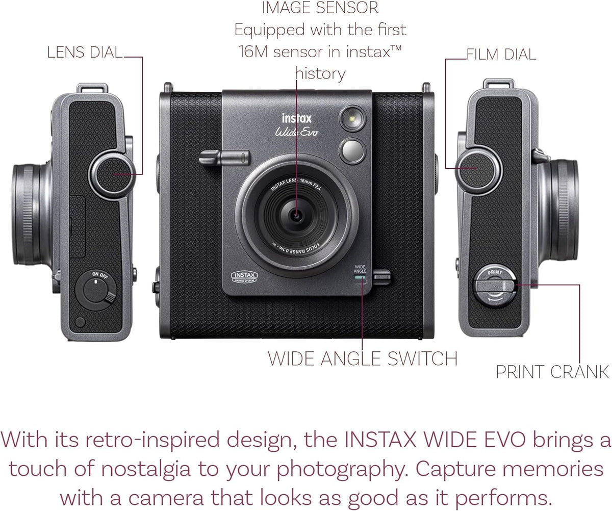 Appareil photo instantané hybride Fujifilm Instax Wide Evo doté de étui de transport compatible, carte mémoire 32 Go, chiffon de nettoyage et accessoires.