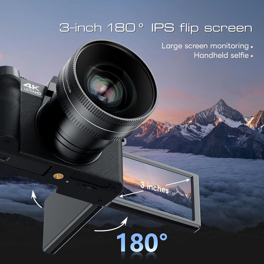 Appareil photo digital avec Wi-Fi et application de contrôle, véritable caméra de vlogging 4K et 48 MP pour YouTube, compacte, zoom 16x, autofocus, stabilisation vidéo, adapté à les débutants, objectifs macro et grand angle
