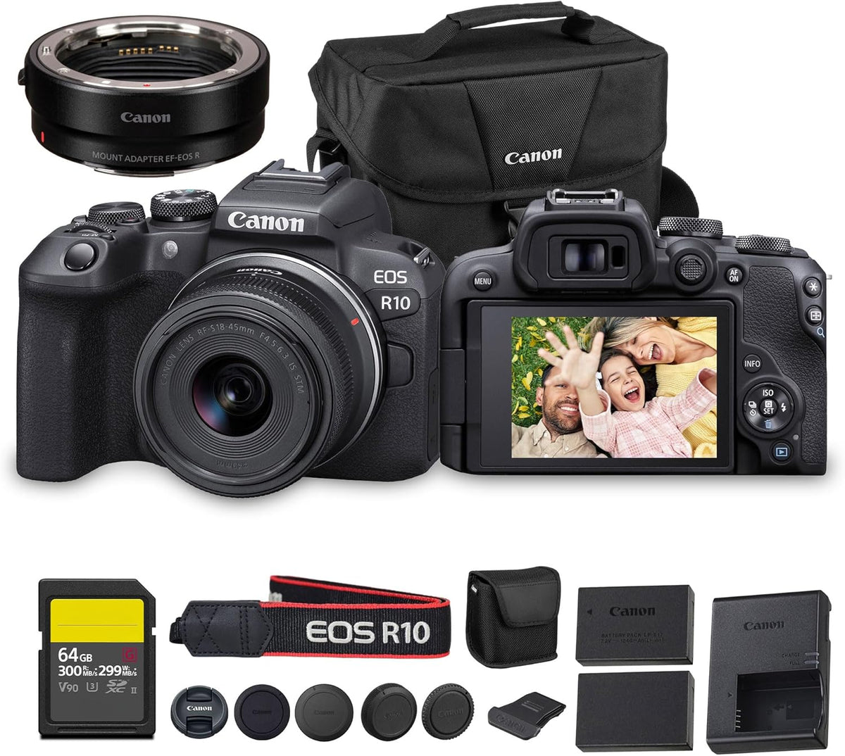 Kit appareil photo hybride Canon EOS R10 doté de objectif RF-S 18-45 mm | 24,2 Mpx, APS-C, vidéo 4K, adapté à les photographes et vlogueurs débutants (5331C009) + adaptateur EF-EOS R + carte mémoire 64 Go + batterie LP-E17 + sacoche