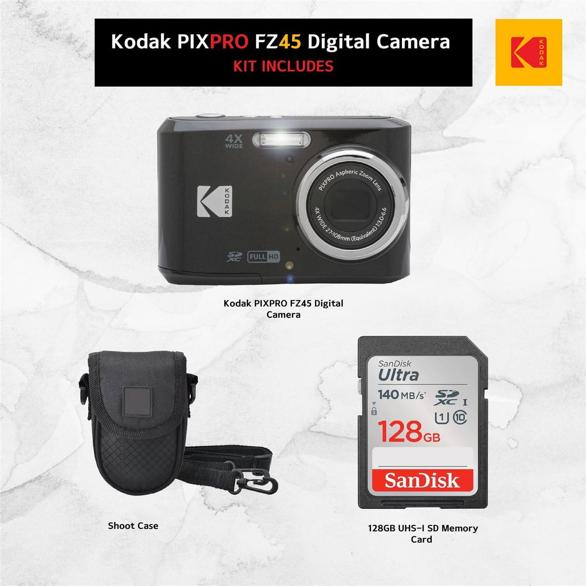 Appareil photo digital Kodak PIXPRO FZ45 (noir), étui, carte de stockage SDXC Sandisk 128 Go