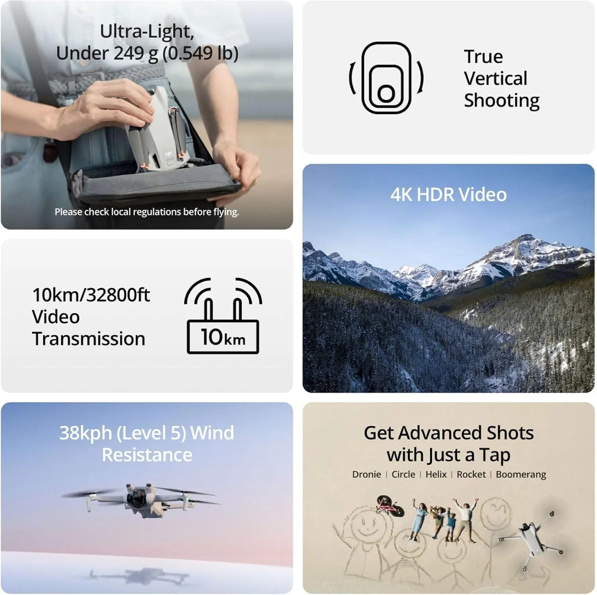 DJI Mini 3, Drone doté de caméra pour adultes, 4K, 38 min d'autonomie, transmission vidéo jusqu'à 10 km, prise de vue verticale, retour automatique GPS intégré, Mini drone doté de caméra pour débutants
