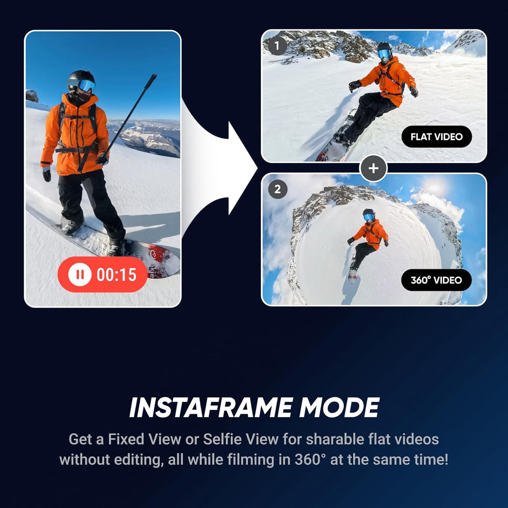 Insta360 X5 - Caméra d'action 360° 8K étanche, performante en basse lumière, effet perche à selfie invisible, objectif robuste et remplaçable, autonomie de 3 heures, stabilisation anti-vent intégrée, triple puce IA – Présentation