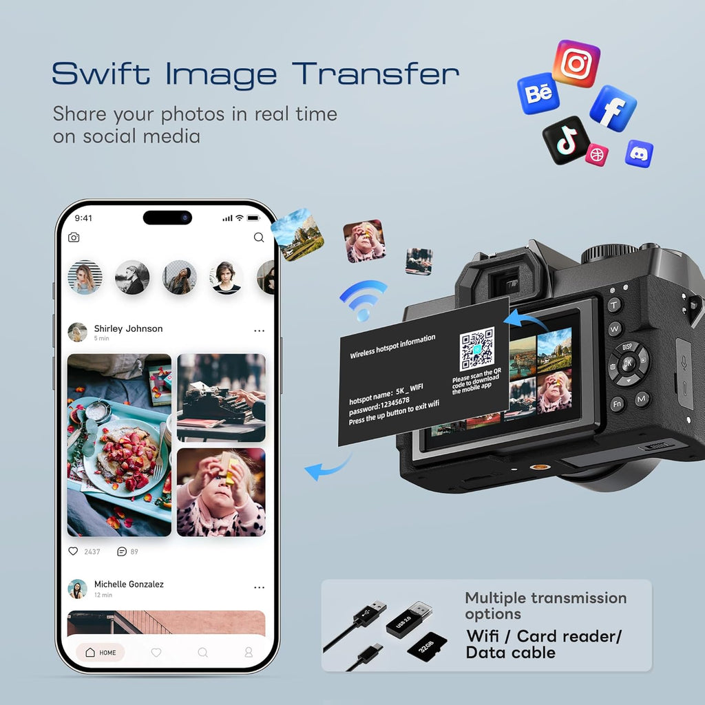 Caméra numérique 5K et 64 MP pour la photographie et la vidéo, idéale pour le vlogging sur YouTube. Appareil photo compact doté de carte TF 64 Go, Wi-Fi, objectif à large champ et macro, autofocus et zoom 16x pour les débutants (– Noir).