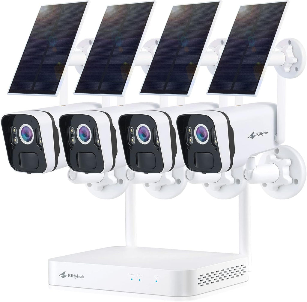 Système de caméras de sécurité solaires Kittyhok pour la maison : 4 caméras de sécurité solaires 2K Ultra, sans fil, extérieures, doté de projecteur et détection humaine intelligente, alimentation illimitée, NVR 10 canaux