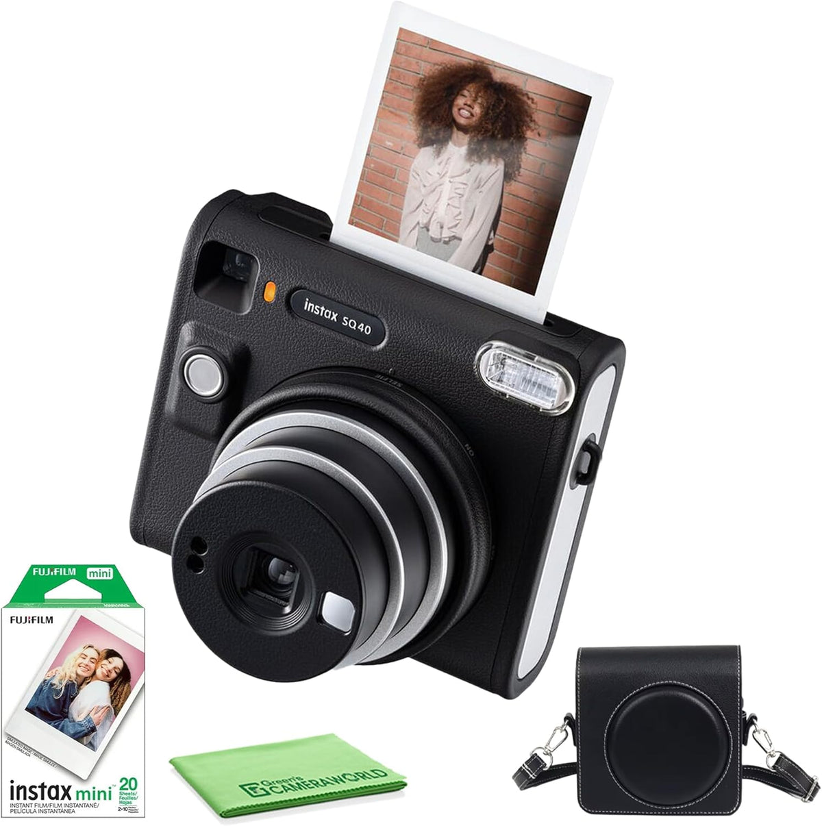 Appareil photo instantané Fujifilm Instax Square SQ40 Noir Vintage, pack comprenant un paquet de films Fuji Instax (20 poses), un étui de transport et un chiffon de nettoyage – Présentation