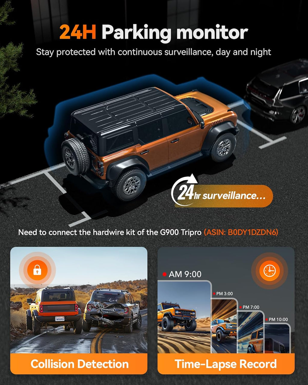 WOLFBOX G900 Tripro Cabine Version Caméra de rétroviseur 4K 3 canaux, capteur STARVIS IMX678 8MP, vision nocturne 4K+1080P+2,5K, caméra embarquée avant et arrière, Wi-Fi 5,8 GHz, commande vocale, carte de stockage 256 Go incluse