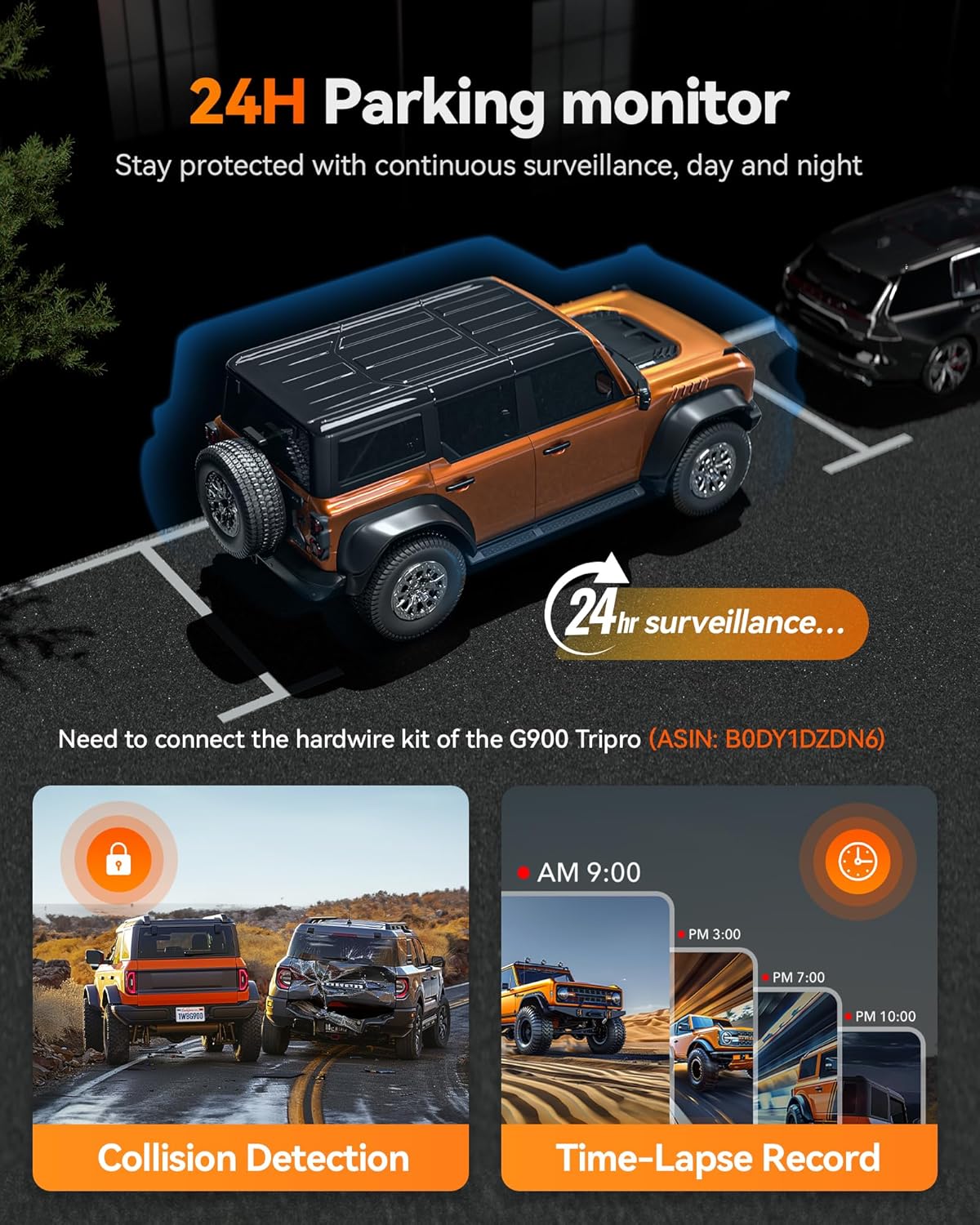 WOLFBOX G900 Tripro Cabine Version Caméra de rétroviseur 4K 3 canaux, capteur STARVIS IMX678 8MP, vision nocturne 4K+1080P+2,5K, caméra embarquée avant et arrière, Wi-Fi 5,8 GHz, commande vocale, carte de stockage 256 Go incluse