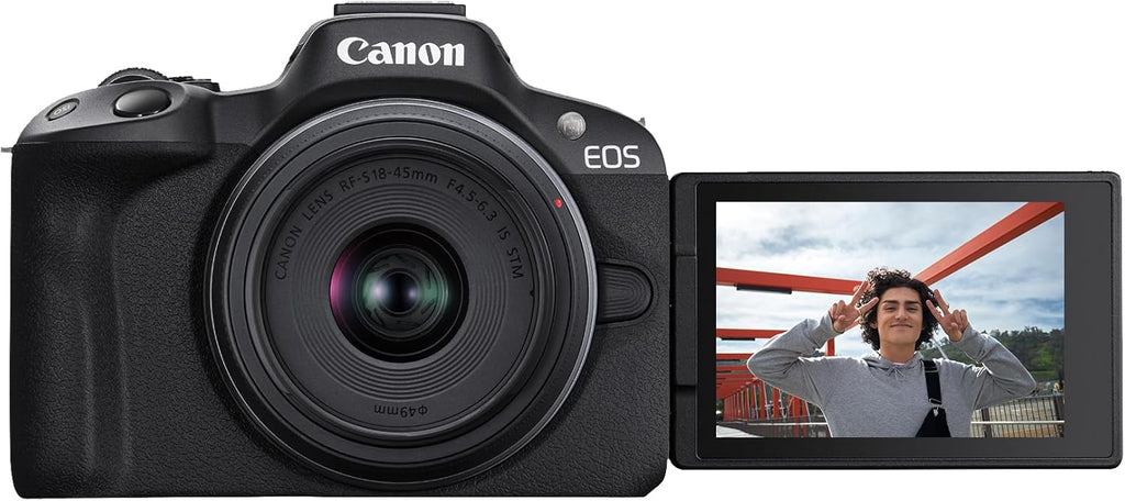Appareil photo hybride Canon EOS R50, kit objectif RF-S 18-45 mm F4.5-6.3 IS STM, capteur CMOS 24,2 mégapixels (APS-C), vidéo 4K, monture RF, - Noir. Idéal pour la photo, la vidéo et le vlogging.
