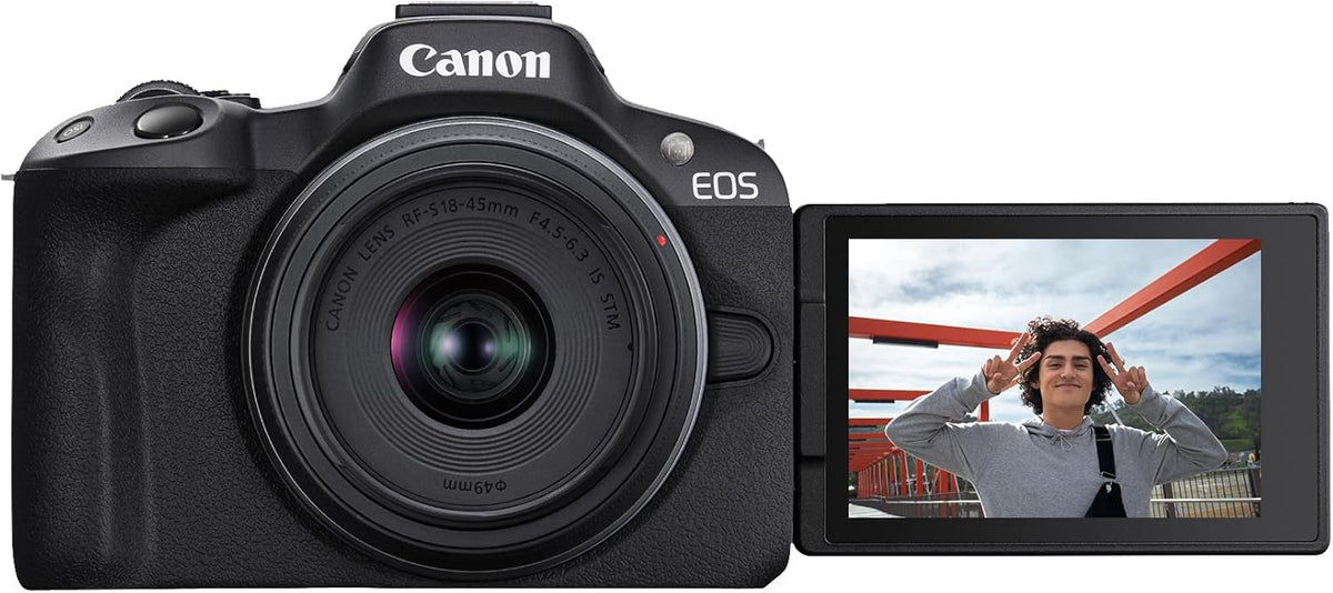 Appareil photo hybride Canon EOS R50, kit objectif RF-S 18-45 mm F4.5-6.3 IS STM, capteur CMOS 24,2 mégapixels (APS-C), vidéo 4K, monture RF, - Noir. Idéal pour la photo, la vidéo et le vlogging.