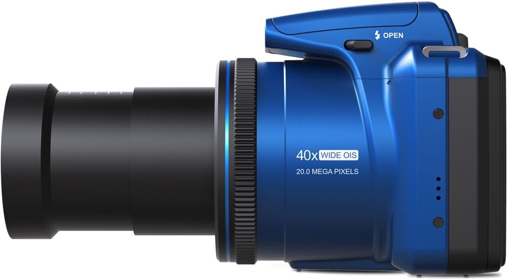 Appareil photo numérique MINOLTA MN40Z 20 mégapixels, zoom optique 40x, vidéo Full HD 1080p, bleu. Pack comprenant : carte mémoire 64 Go, trépied pour vlogging, 4 piles AA doté de chargeur et accessoires.