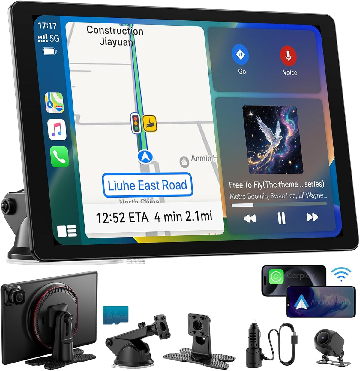 Écran sans fil extra large Apple CarPlay 11 pouces pour voiture – Autoradio tactile ultra-fin de 0,16 pouce doté de Android Auto, caméra embarquée 4K, caméra de recul 1080p, GPS, Mirror Link et commande vocale