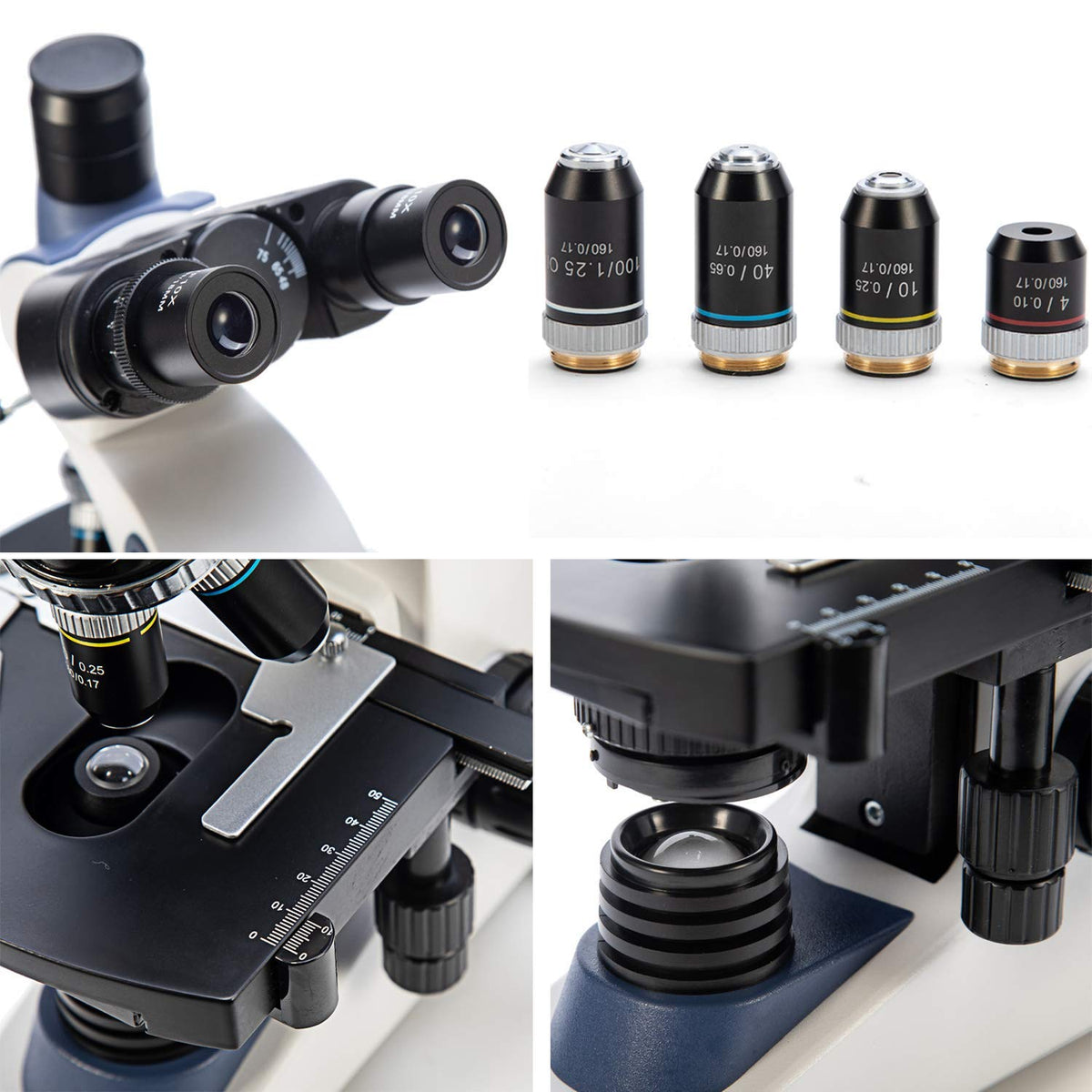 Microscope de laboratoire trinoculaire de laboratoire composé Swift SW380T, grossissement 40X-2500X, tête Siedentopf, qualité recherche, doté de oculaires grand champ 10X/25X, platine mécanique, mise au point ultra-précise