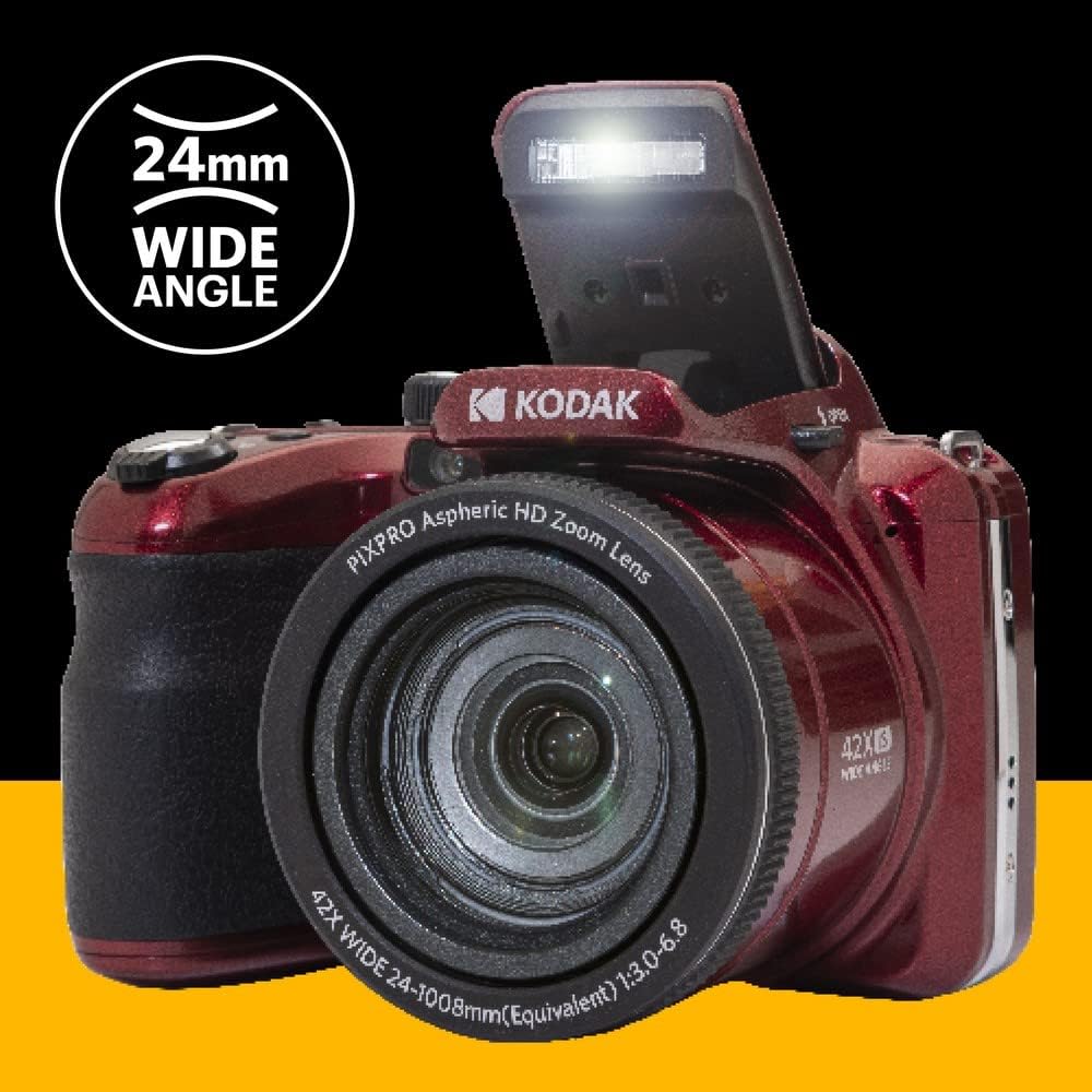KODAK PIXPRO AZ425-RD Appareil photo numérique 20 MP, zoom optique 42x, grand angle 24 mm, vidéo Full HD 1080p, stabilisation d'image optique, batterie Li-ion, écran LCD 3 pouces, caméra de vlogging (rouge) – Présentation