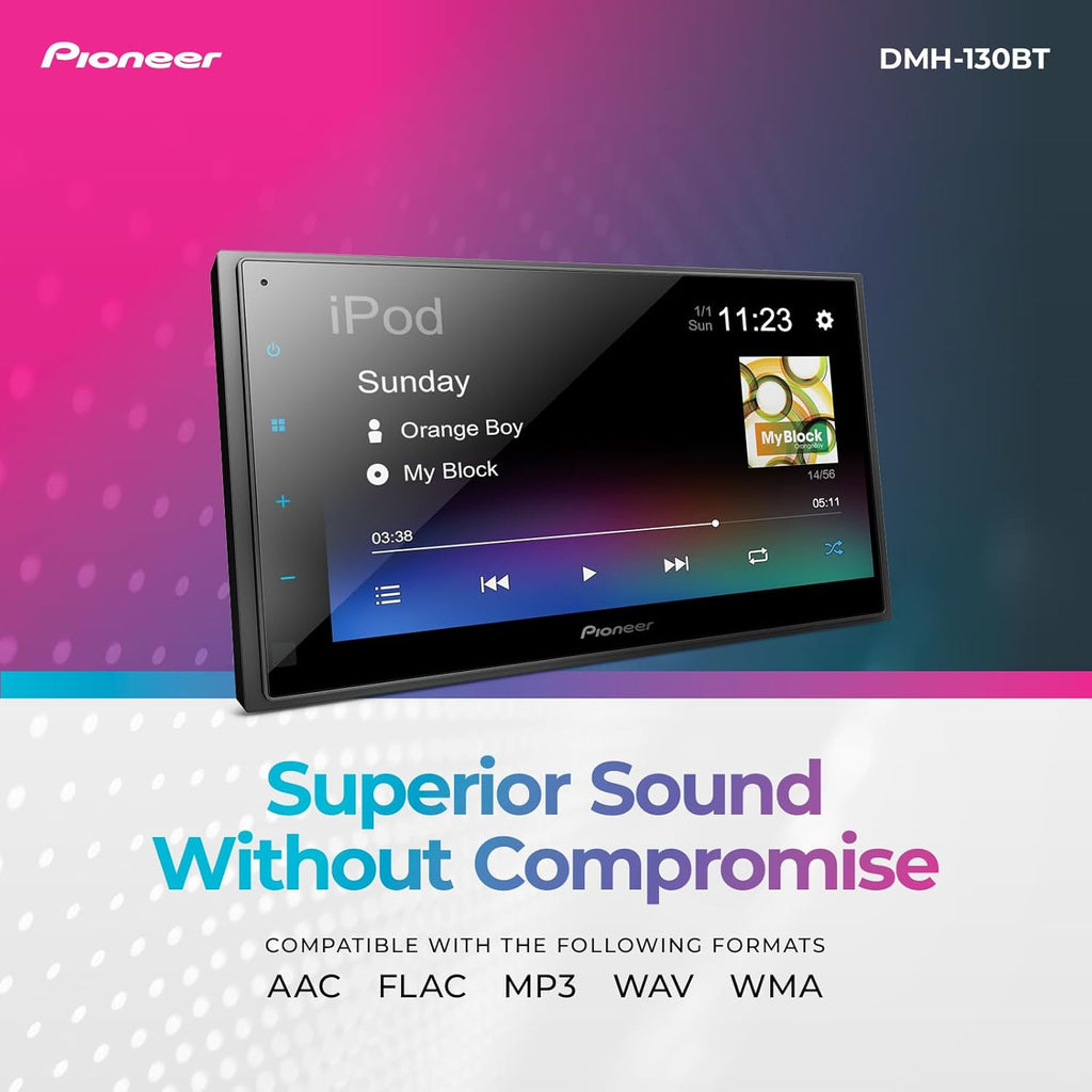 Autoradio Pioneer DMH-130BT 6,8" tactile résistif double DIN – Bluetooth, caméra de recul, USB, FLAC, radio AM/FM, châssis court, 4 x 50 W, entrée au volant – Présentation