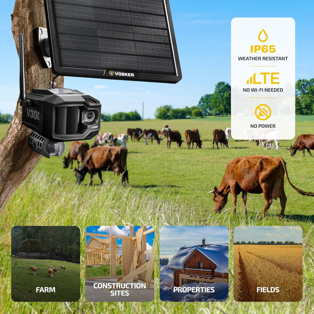 Caméra de surveillance extérieure Vosker V300 Ultimate Farmers Kit avec panneau solaire externe pour fermes, pâturages et serres, 4G LTE, - Noire, unité unique avec batterie