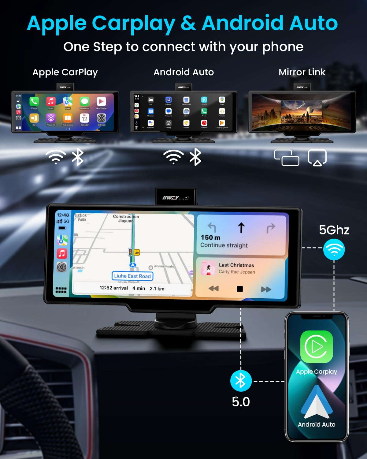 Écran portable IIWEY Apple CarPlay 10 pouces, autoradio doté de caméra embarquée 4K