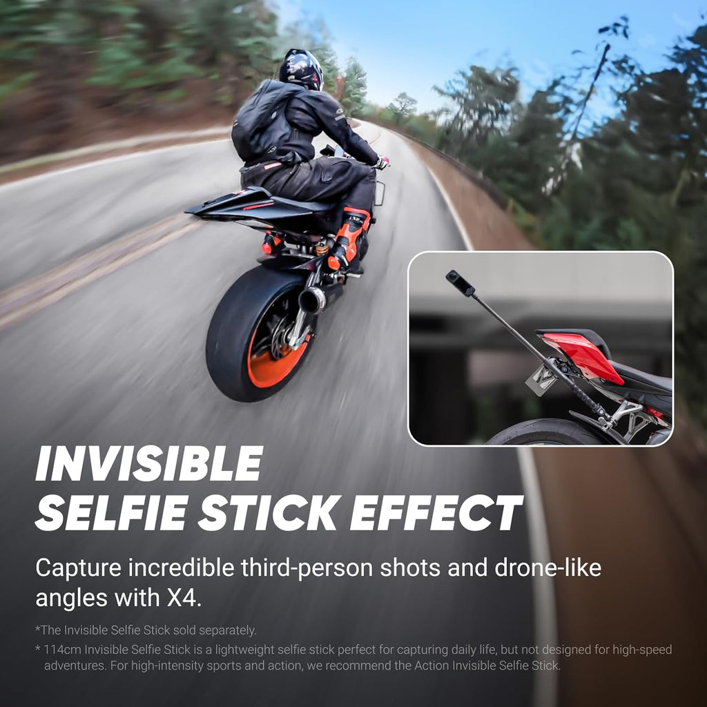 Pack Insta360 X4 Standard - Caméra sportive 360° 8K résistant à l’eau, vidéo grand angle 4K, effet perche à selfie invisible, protections d'objectif amovibles, autonomie de 135 min, montage IA, stabilisation