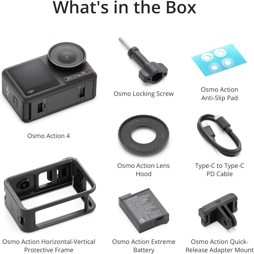 DJI Osmo Action 4 Essential Combo : Caméra d'action étanche 4K/120 ips doté de capteur 1/1,3 pouce, qualité d'image exceptionnelle en basse lumière, rendu des couleurs 10 bits et D-Log M, autonomie de 160 minutes en extérieur.