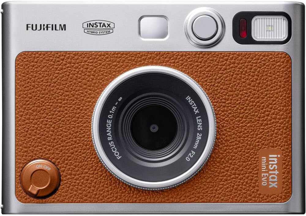 Appareil photo instantané hybride FUJIFILM INSTAX MINI EVO (marron) doté de pack de 40 films instantanés Fuji Instax Mini, carte de stockage 32 Go, étui de transport, album photo 64 pochettes et chiffon de nettoyage.