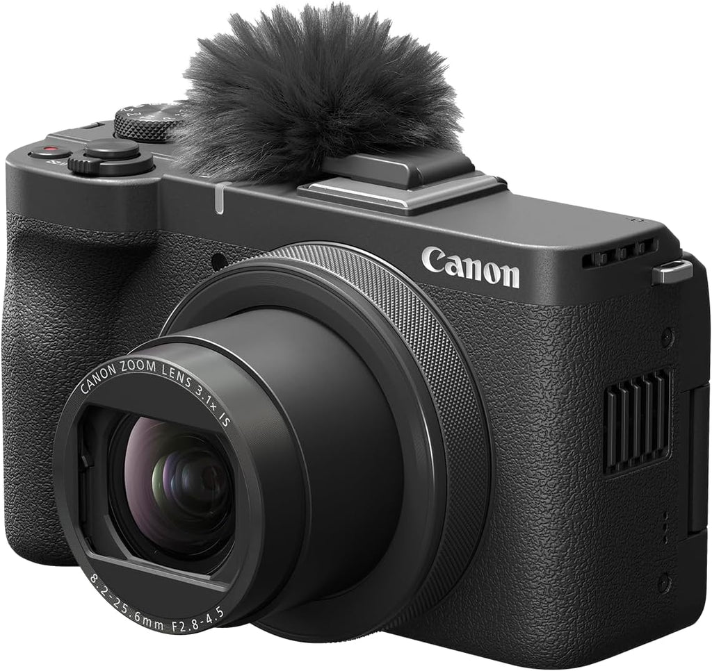 Appareil photo hybride Canon PowerShot V1 : objectif zoom ultra grand-angle intégré, vidéo 4K, vlogging, streaming en direct, création de contenu, design compact.