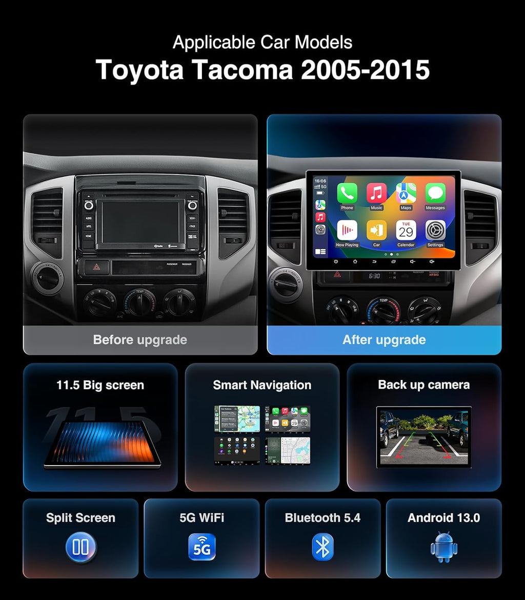 Autoradio 11,5 pouces pour Toyota Tacoma 2005-2015, compatible CarPlay, écran tactile HD 4+64 Go, CarPlay/Android Auto/Android 13/GPS, caméra de recul 1080p – Présentation