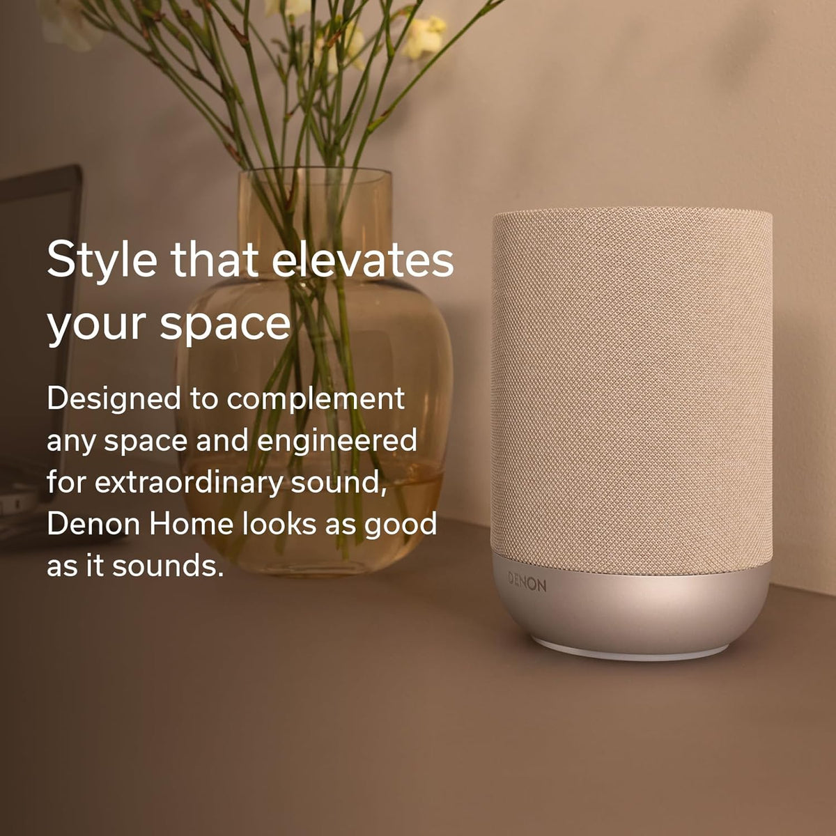Enceinte Denon Home 200, enceinte sans fil doté de son stéréo et Dolby Atmos 3D, appareil audio domestique, contrôle multiroom HEOS, Wi-Fi, Bluetooth, AirPlay 2, couleur pierre