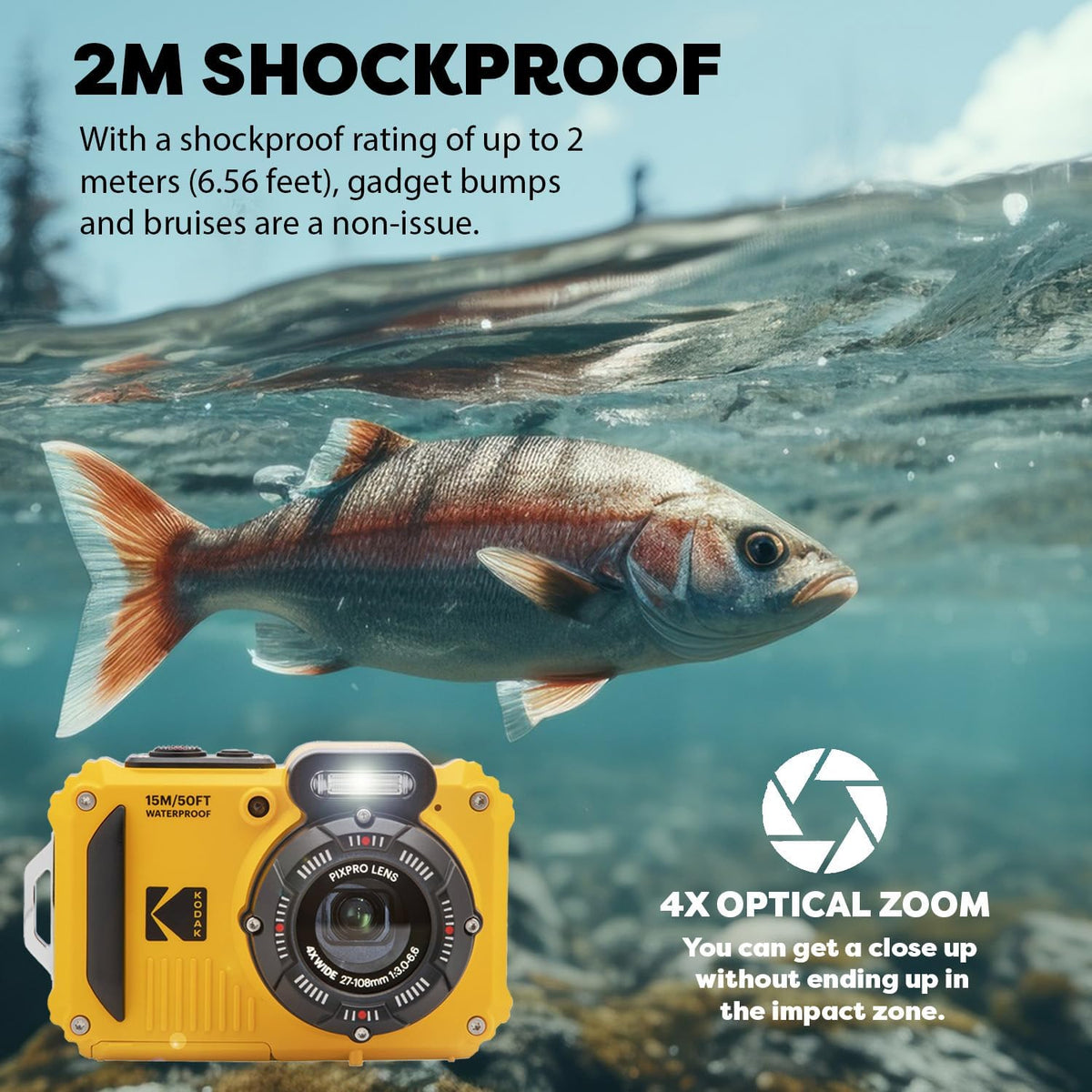 Kodak PIXPRO WPZ2 Appareil photo digital robuste, résistant à l’eau et antichoc 16 MP, grossissement optique 4x, vidéo Full HD 1080p, écran LCD 2,7 pouces (jaune), carte SD 32 Go, étui compact - Noir, dragonne flottante (lot de 7)