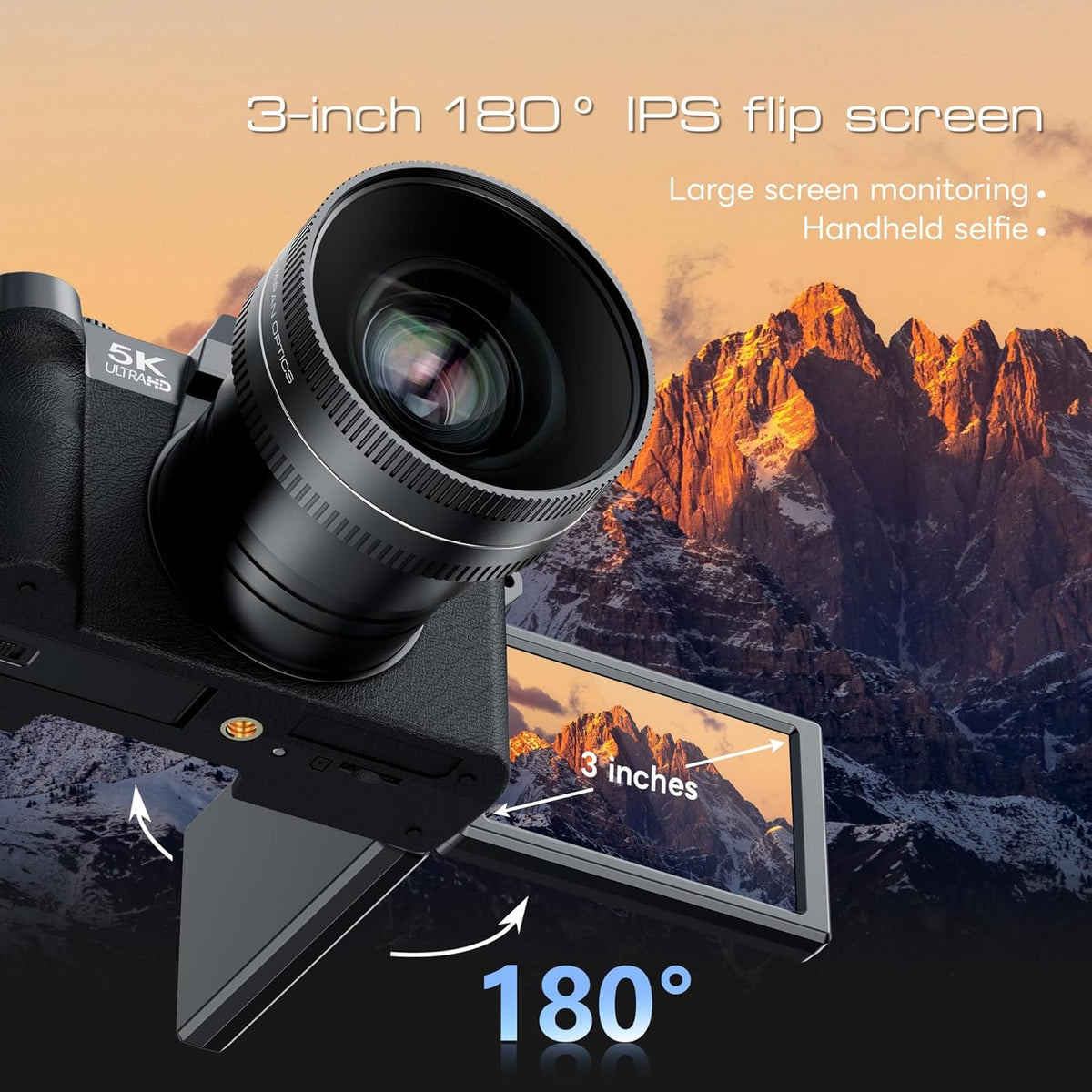 Caméra numérique 5K et 64 MP pour la photographie et la vidéo, idéale pour le vlogging sur YouTube. Appareil photo compact doté de carte TF 64 Go, Wi-Fi, objectif à large champ et macro, autofocus et zoom 16x pour les débutants (– Noir).