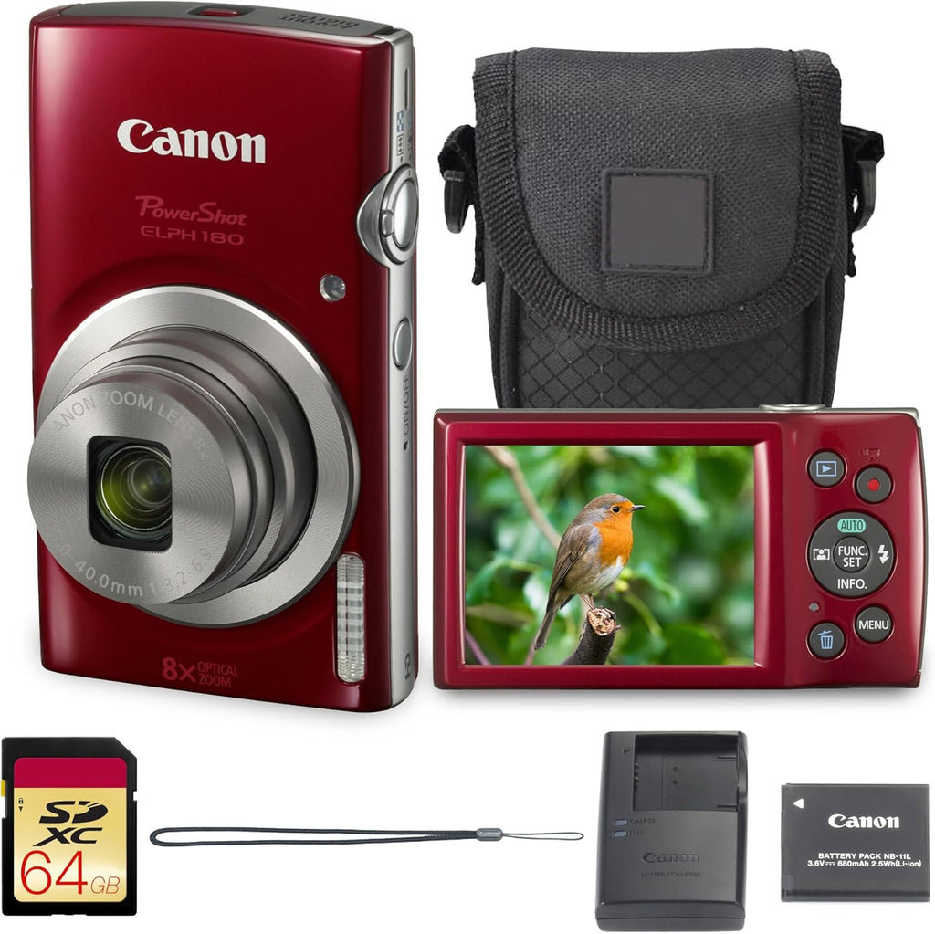 Appareil photo digital Canon PowerShot ELPH 180 (– Rouge) | Compact et facile à utiliser | Zoom optique | Commandes simples | Design léger idéal pour les voyages, la famille et la photographie au quotidien | Étui et carte de stockage 64 Go inclus