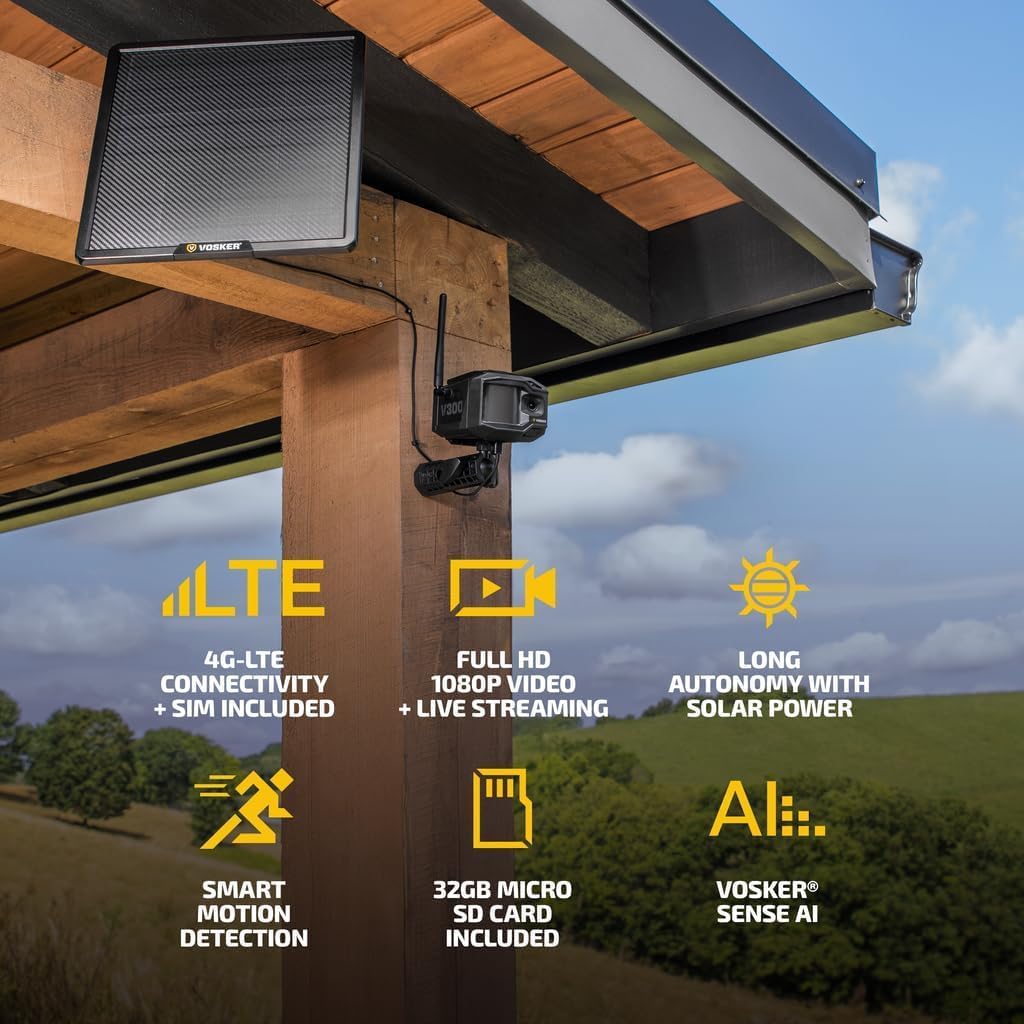 Caméra de surveillance extérieure Vosker V300 Ultimate Farmers Kit avec panneau solaire externe pour fermes, pâturages et serres, 4G LTE, - Noire, unité unique avec batterie
