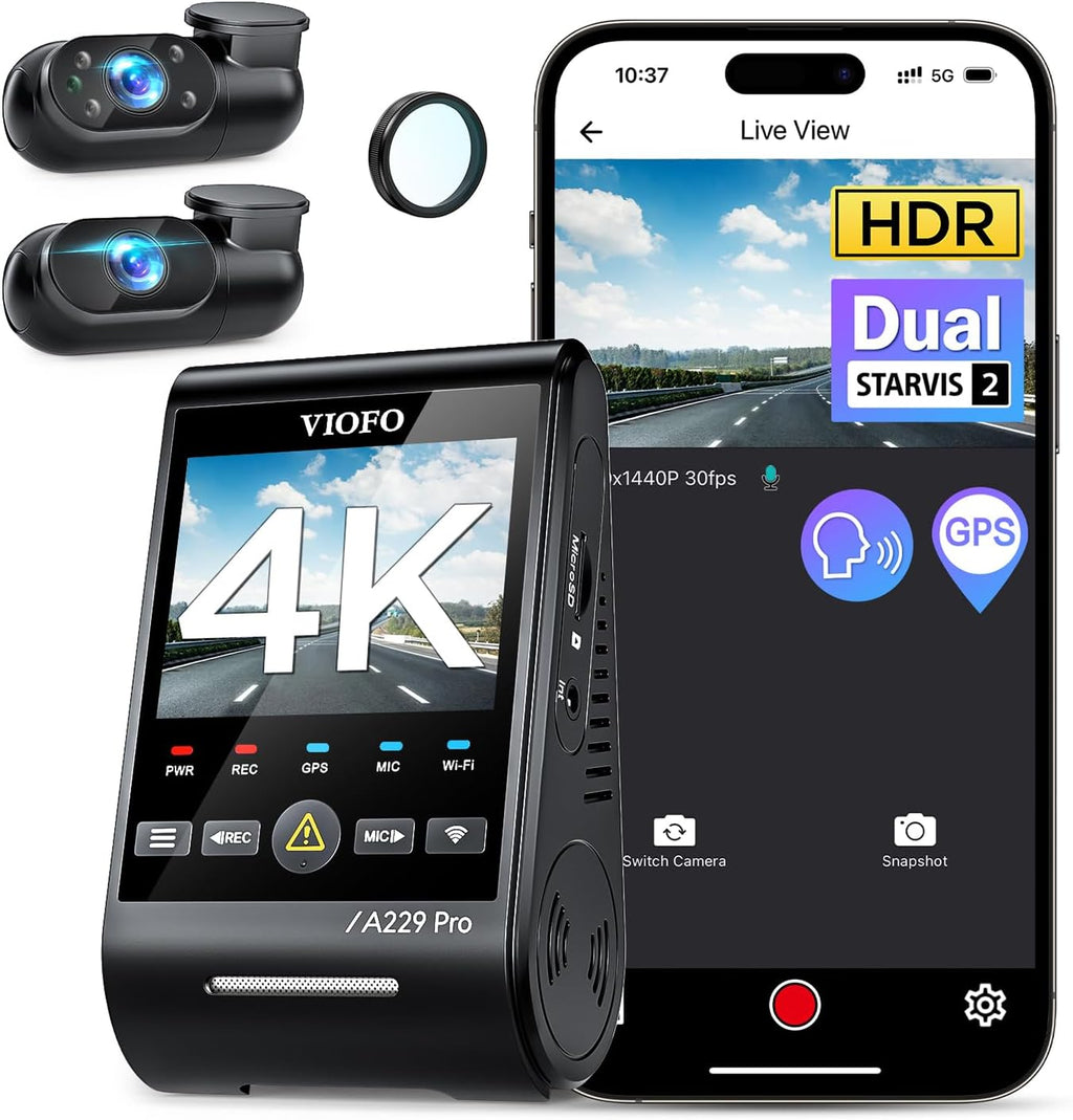 Caméra embarquée VIOFO A229 Pro 3 canaux 4K HDR doté de double capteur STARVIS 2 IMX678 et IMX675, triple caméra avant, intérieure et arrière (4K + 2K + 1080p), Wi-Fi 5 GHz, GPS, commande vocale et mode parking 24h.