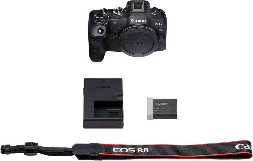 Boîtier d'appareil photo hybride Canon EOS R8, capteur CMOS plein format 24,2 mégapixels, vidéo 4K 60p, autofocus Dual Pixel II, appareil photo léger pour la création de contenu, la photographie et le vlogging, - Noir