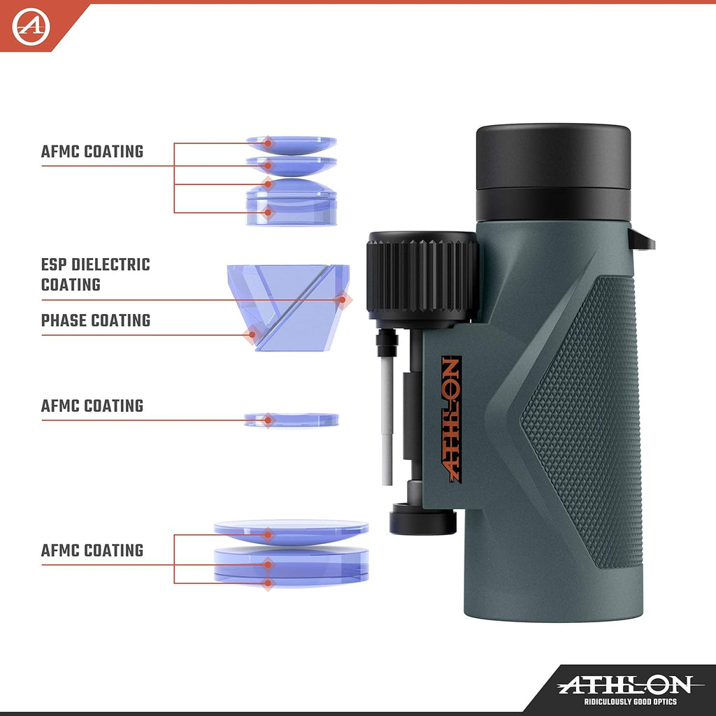 Jumelles Athlon Optics 8x42 Midas UHD grises doté de verres ED pour toute la famille. Jumelles haute puissance idéales pour la chasse, l'observation des oiseaux et bien plus encore.