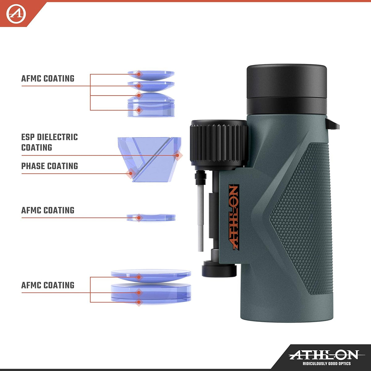 Jumelles Athlon Optics 8x42 Midas UHD grises doté de verres ED pour toute la famille. Jumelles haute puissance idéales pour la chasse, l'observation des oiseaux et bien plus encore.