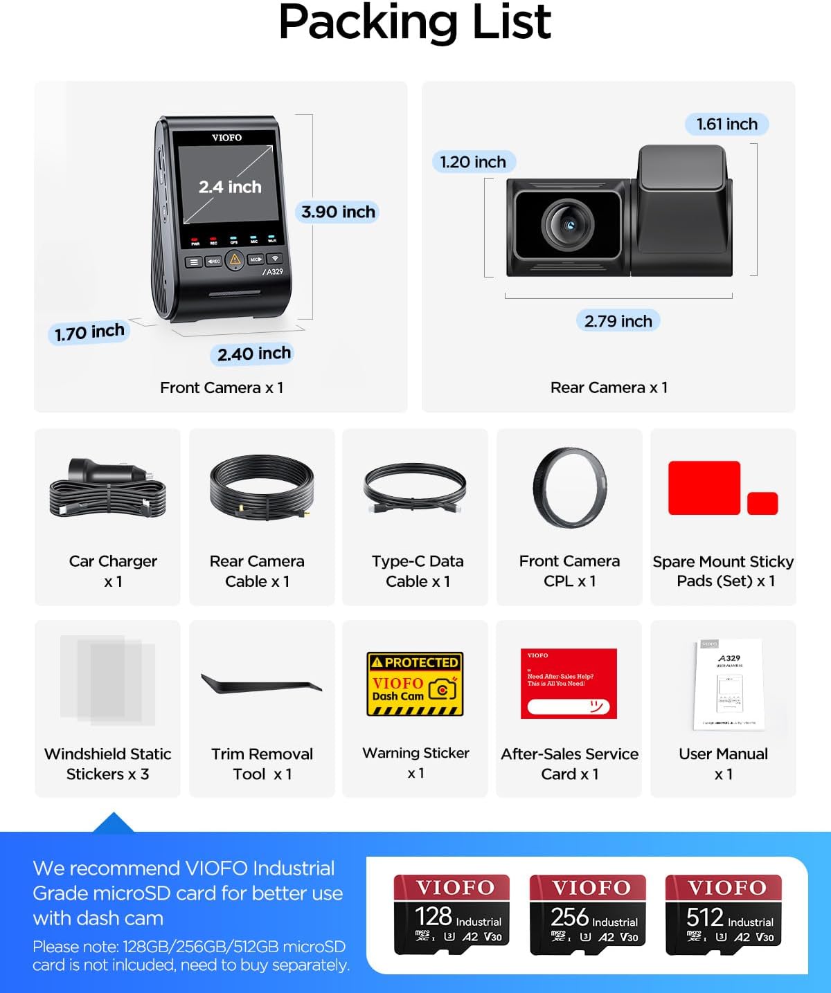 Caméra embarquée VIOFO A329S 4K 60 ips, double caméra avant et arrière 4K+2K, mode parking écoénergétique, Wi-Fi 6, contrôle via application, double capteur STARVIS 2, compatible doté de SSD jusqu'à 4 To