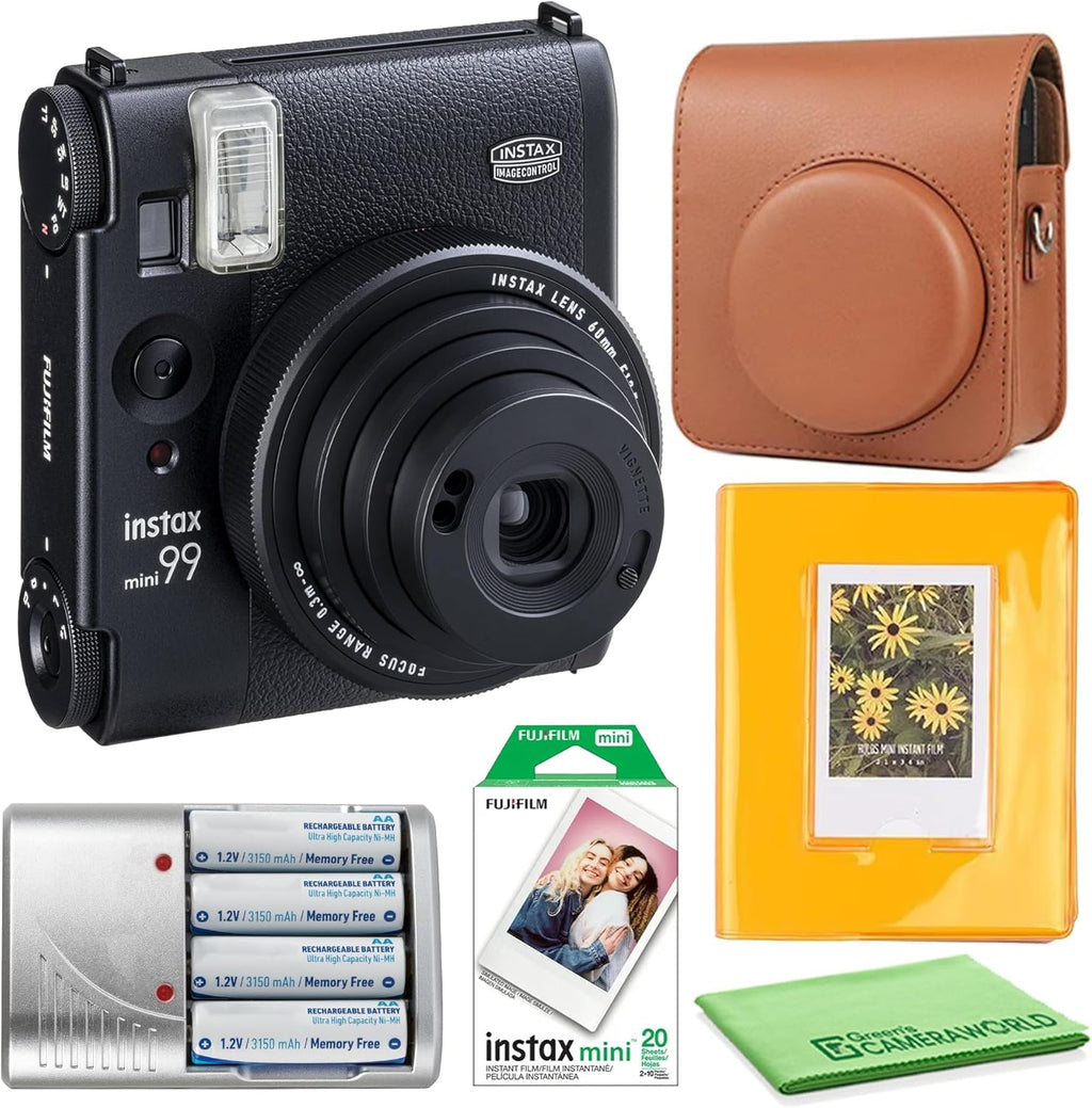 Appareil photo instantané Fujifilm Instax Mini 99, pack économique de 20 films instantanés Fuji Instax Mini, étui de transport marron, album photo 64 pochettes et plus encore – Présentation