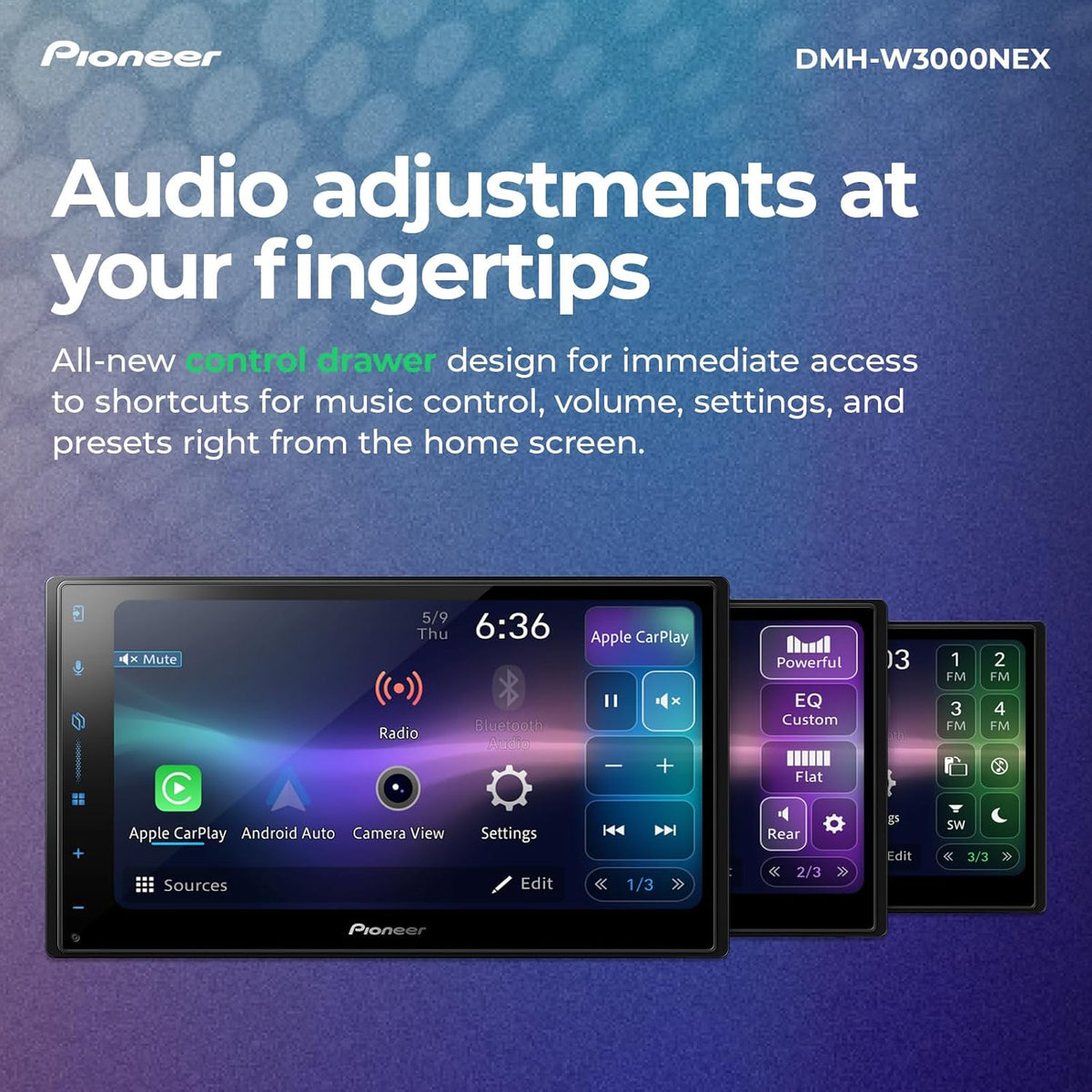 Autoradio multimédia numérique Pioneer DMH-W3000NEX 6,8" double DIN doté de Apple CarPlay et Android Auto sans fil, Bluetooth, compatible caméra de recul, affichage tactile et navigation intuitive.