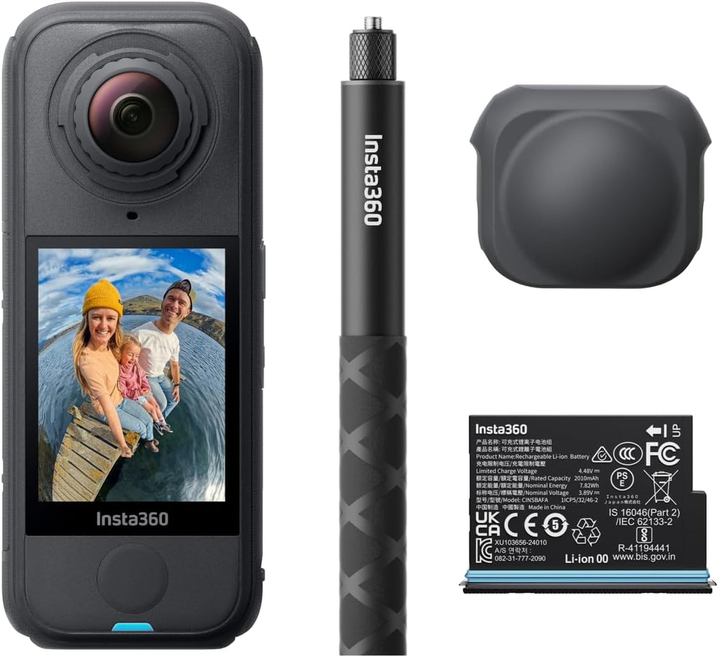 Kit Insta360 X4 Air Starter : caméra 360° 8K légère (165 g), perche à selfie invisible, objectifs interchangeables, prise de vue avant cadrage, protection anti-vent intégrée, stabilisation FlowState, application basée sur l’IA