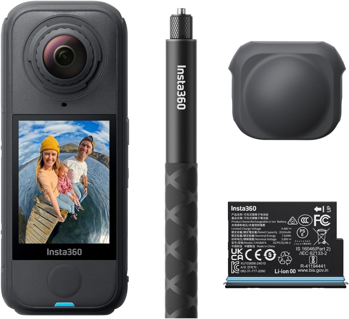 Kit Insta360 X4 Air Starter : caméra 360° 8K légère (165 g), perche à selfie invisible, objectifs interchangeables, prise de vue avant cadrage, protection anti-vent intégrée, stabilisation FlowState, application basée sur l’IA