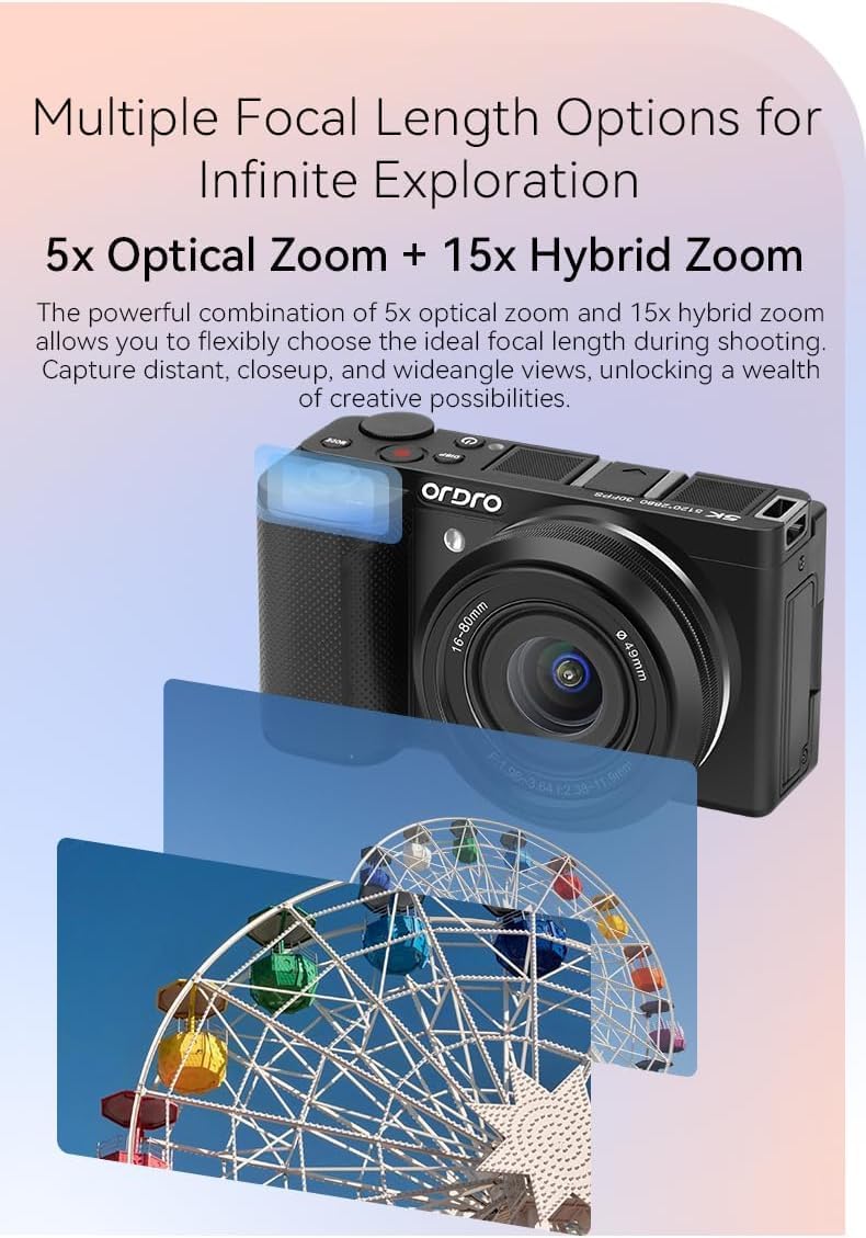 Appareil photo digital ORDRO G930, objectif à large champ 16-80 mm F1.96-3.64, adapté à les créateurs de contenu, les vlogueurs et la photographie. Livré avec 2 batteries, un petit trépied et une carte de stockage de 64 Go.